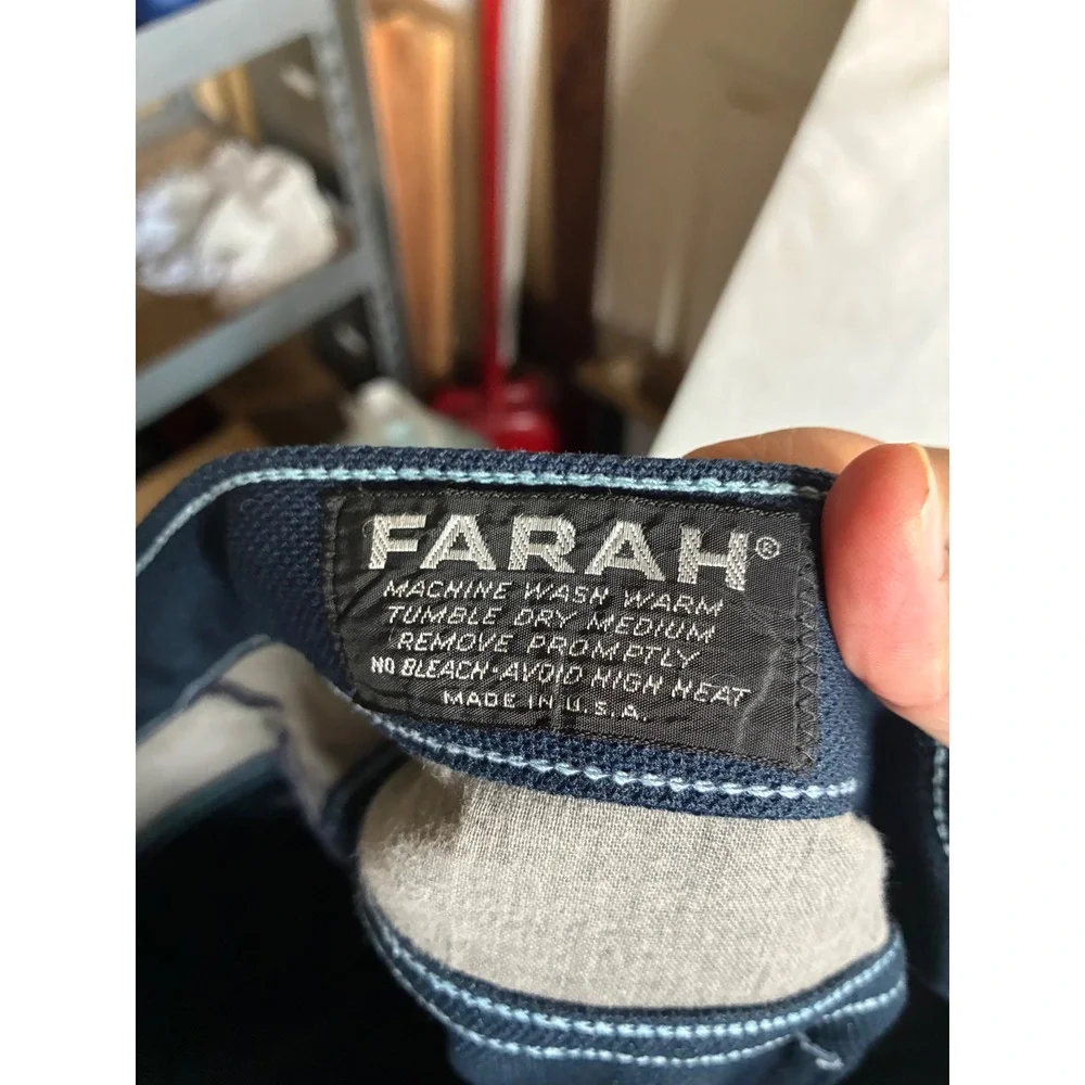 Vintage Farah Mens Navy Blue Trousers Contrast Stitch Polyester Pants USA SZ 37